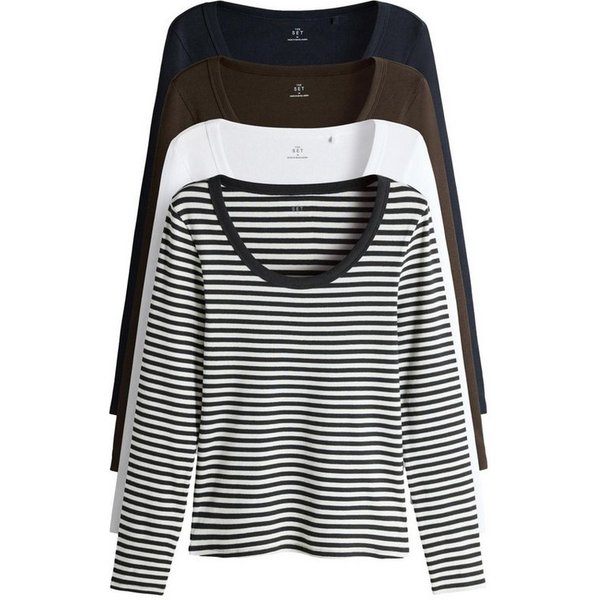 The Set Langarmshirt The Set gerippte Shirts mit U-Ausschnitt, 4er-Pack (4-tlg)