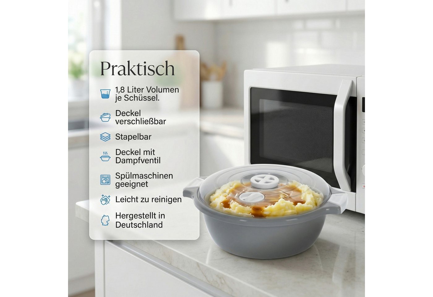Lantelme Mikrowellenbehälter Mikrowellengeschirr Grau Mikrowellenschüssel mit Dampfventil, (2-tlg., 2 Stück Set Mikrowellenschüssel Volumen 1,8 Liter Volumen),  – Bild 3 von 5