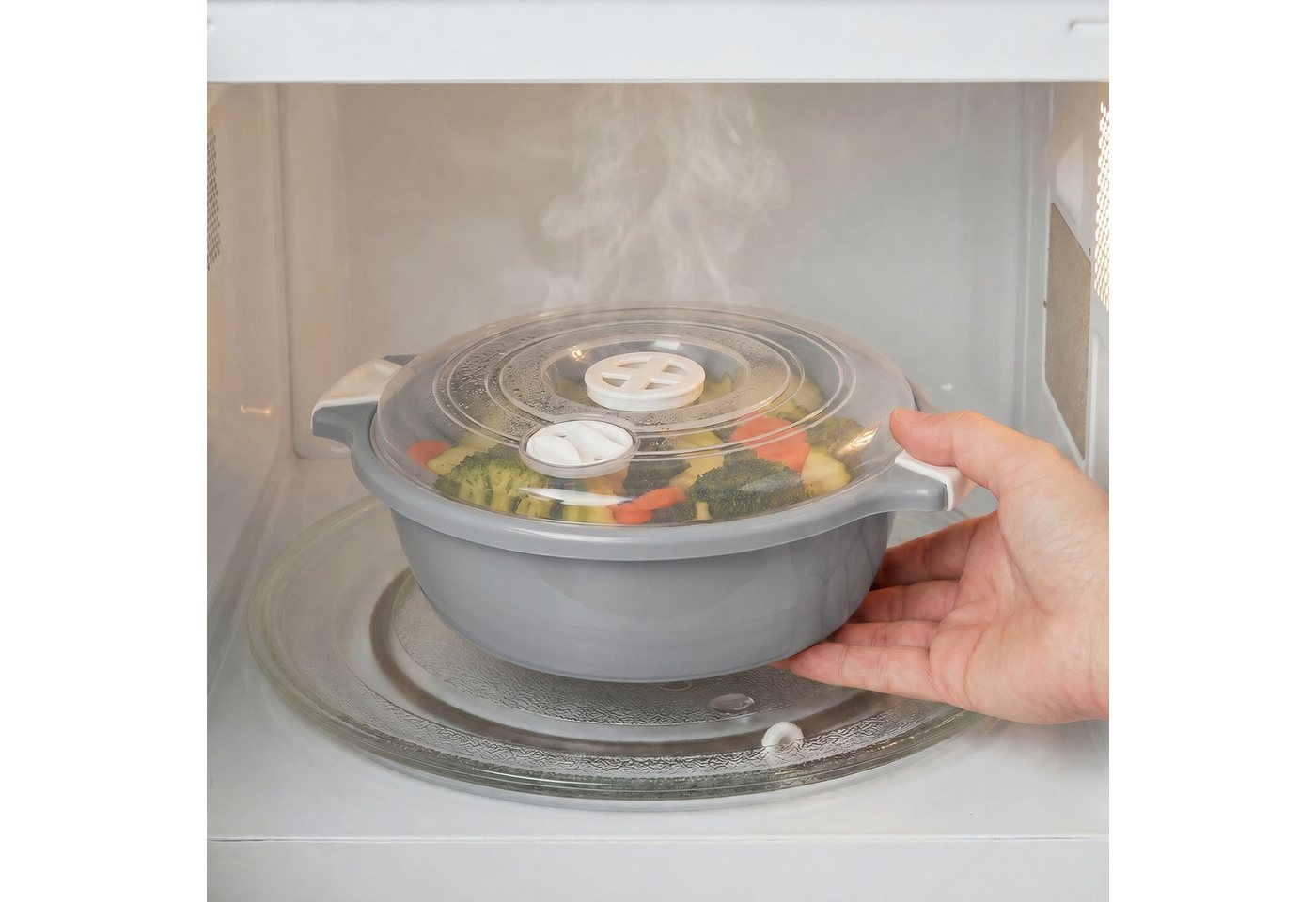 Lantelme Mikrowellenbehälter Mikrowellengeschirr Grau Mikrowellenschüssel mit Dampfventil, (2-tlg., 2 Stück Set Mikrowellenschüssel Volumen 1,8 Liter Volumen),  – Bild 4 von 5