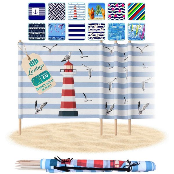 Lantigo Windschutz Sichtschutz Sonnenschutz Strandparavent aus Mikrofaser – portabel, (Leuchtturm, Länge: 4 m), - Faltbarer Sonnenschutz für Strand, Camping & G