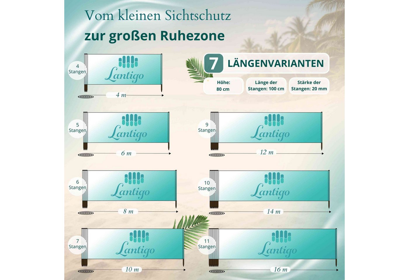 Lantigo Windschutz Sichtschutz Sonnenschutz Strandparavent aus Mikrofaser – portabel, (Klassische Streifen, Länge: 4 m), - Faltbarer Sonnenschutz für Strand, Ca – Bild 2 von 5