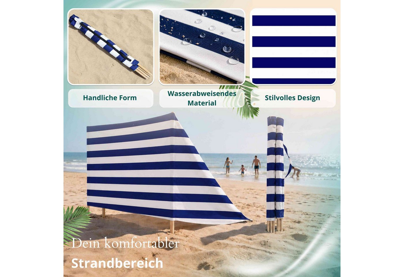 Lantigo Windschutz Sichtschutz Sonnenschutz Strandparavent aus Mikrofaser – portabel, (Klassische Streifen, Länge: 4 m), - Faltbarer Sonnenschutz für Strand, Ca – Bild 3 von 5