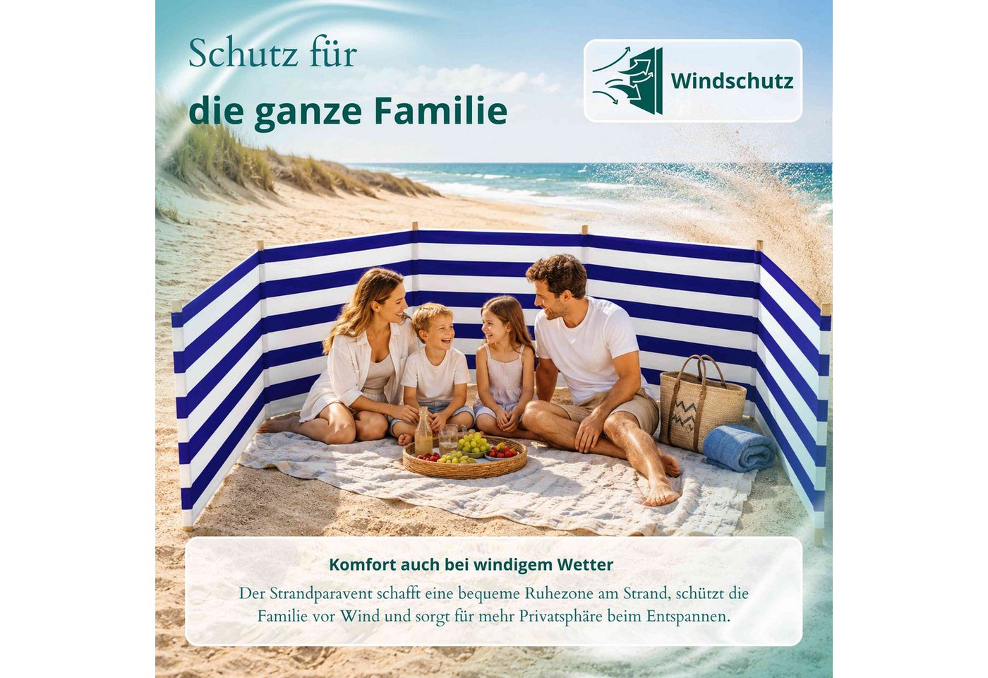 Lantigo Windschutz Sichtschutz Sonnenschutz Strandparavent aus Mikrofaser – portabel, (Klassische Streifen, Länge: 4 m), - Faltbarer Sonnenschutz für Strand, Ca – Bild 4 von 5