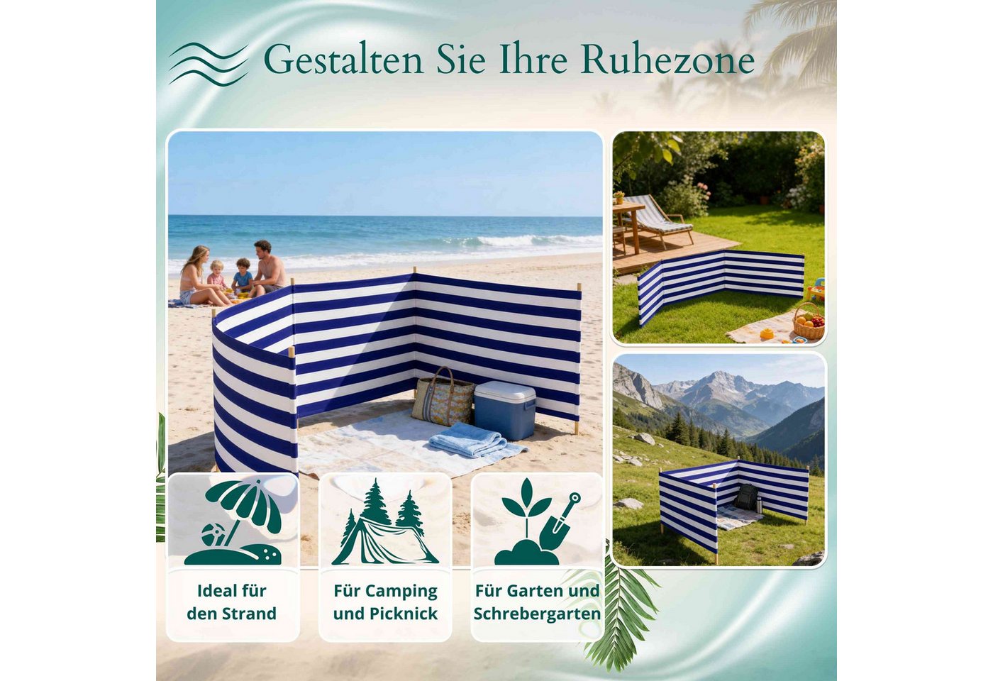 Lantigo Windschutz Sichtschutz Sonnenschutz Strandparavent aus Mikrofaser – portabel, (Klassische Streifen, Länge: 4 m), - Faltbarer Sonnenschutz für Strand, Ca – Bild 5 von 5