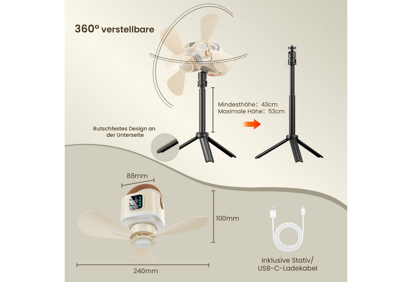 Lapalife Deckenventilator Akku Ventilator Mit LED Licht, Tragbar Hängelampe Mit Fernbedienung, 4 Windstufen & 3 Helligkeitsstufen, für Zelt Garten Wohnmobil – Bild 2 von 5