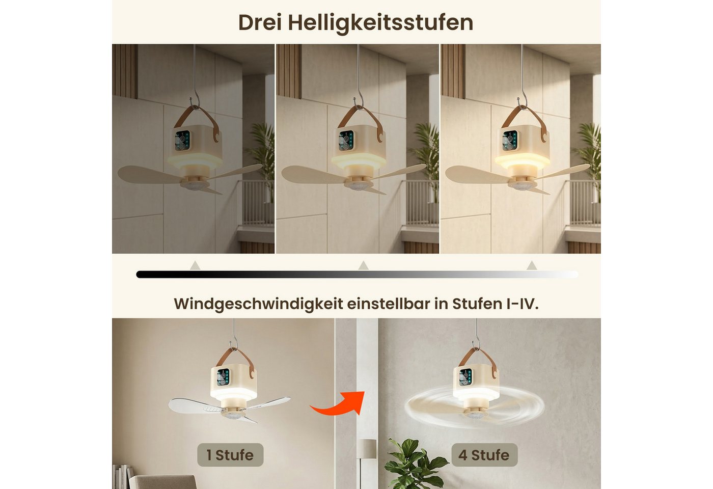 Lapalife Deckenventilator Akku Ventilator Mit LED Licht, Tragbar Hängelampe Mit Fernbedienung, 4 Windstufen & 3 Helligkeitsstufen, für Zelt Garten Wohnmobil – Bild 3 von 5