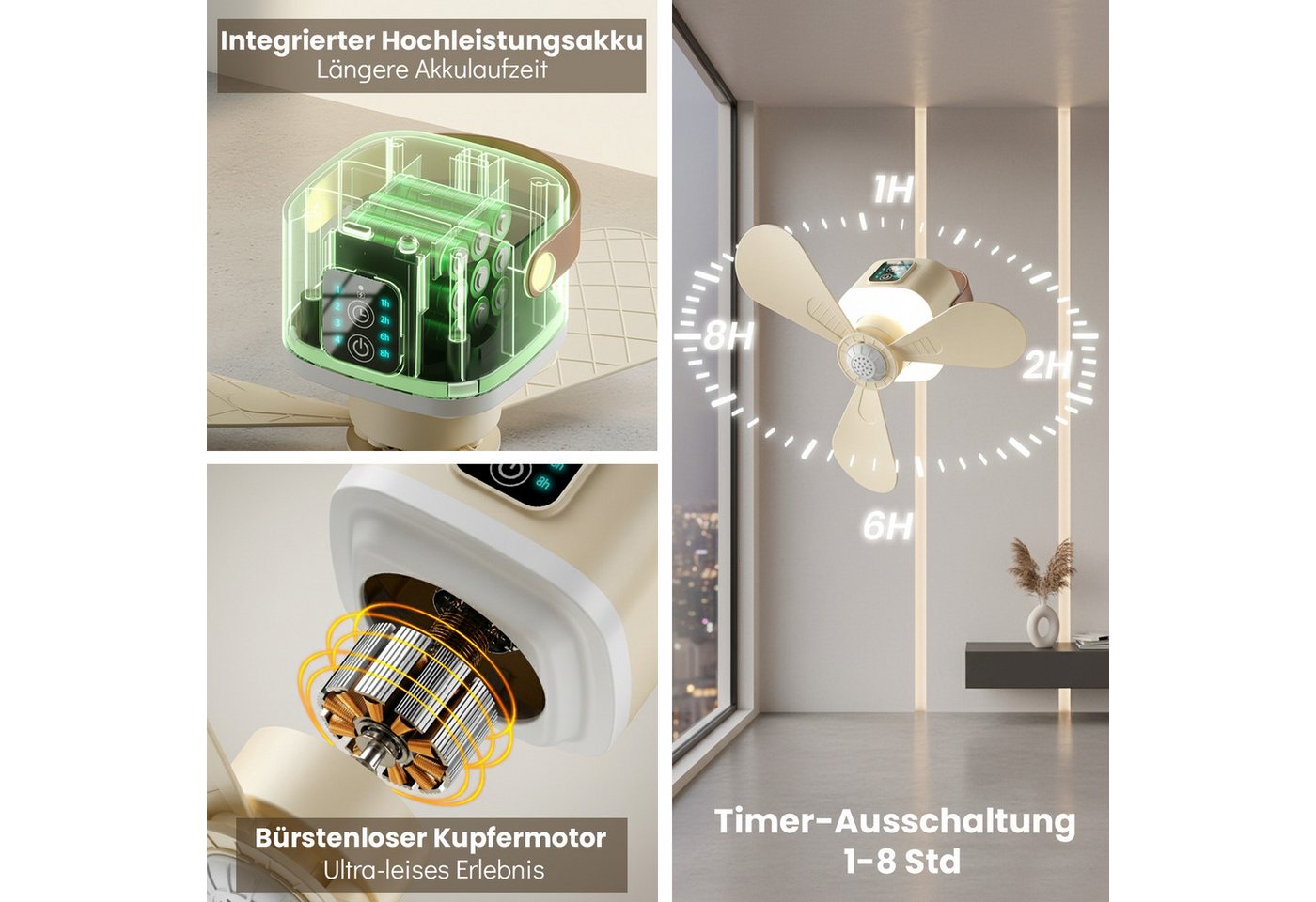 Lapalife Deckenventilator Akku Ventilator Mit LED Licht, Tragbar Hängelampe Mit Fernbedienung, 4 Windstufen & 3 Helligkeitsstufen, für Zelt Garten Wohnmobil – Bild 4 von 5