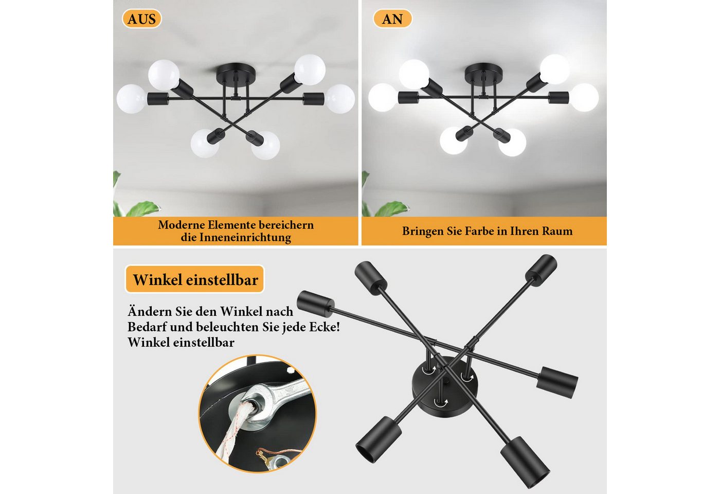 Lapalife LED Deckenleuchte Schwarz Deckenlampe, Halbbündige Kronleuchter Mit 6/8 Flammig, (Ohne Leuchtmittel) Für Wohnzimmer Esszimmer Schlafzimmer Küche Flur – Bild 2 von 5