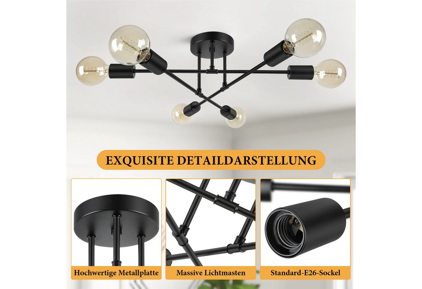 Lapalife LED Deckenleuchte Schwarz Deckenlampe, Halbbündige Kronleuchter Mit 6/8 Flammig, (Ohne Leuchtmittel) Für Wohnzimmer Esszimmer Schlafzimmer Küche Flur – Bild 3 von 5