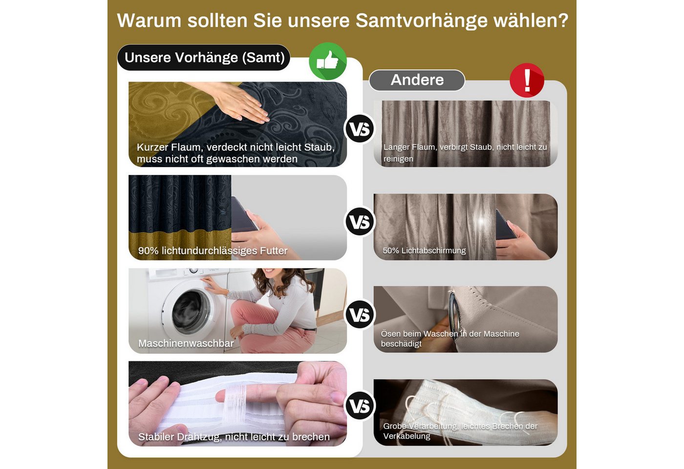 Lapalife Vorhang Vorhänge Samt Verdunkelnd, Gold-Schwarz Blumenmuster Gardinen, 2er Set, Mit Faltenhaken und Stifthaken für Wohnzimmer Schlafzimmer – Bild 3 von 5