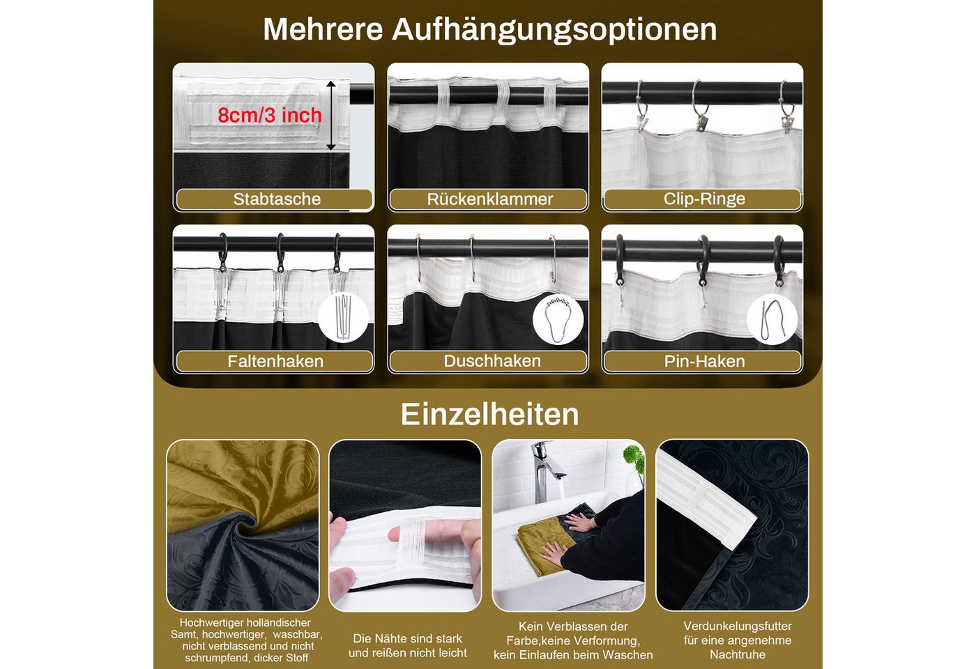 Lapalife Vorhang Vorhänge Samt Verdunkelnd, Gold-Schwarz Blumenmuster Gardinen, 2er Set, Mit Faltenhaken und Stifthaken für Wohnzimmer Schlafzimmer – Bild 4 von 5