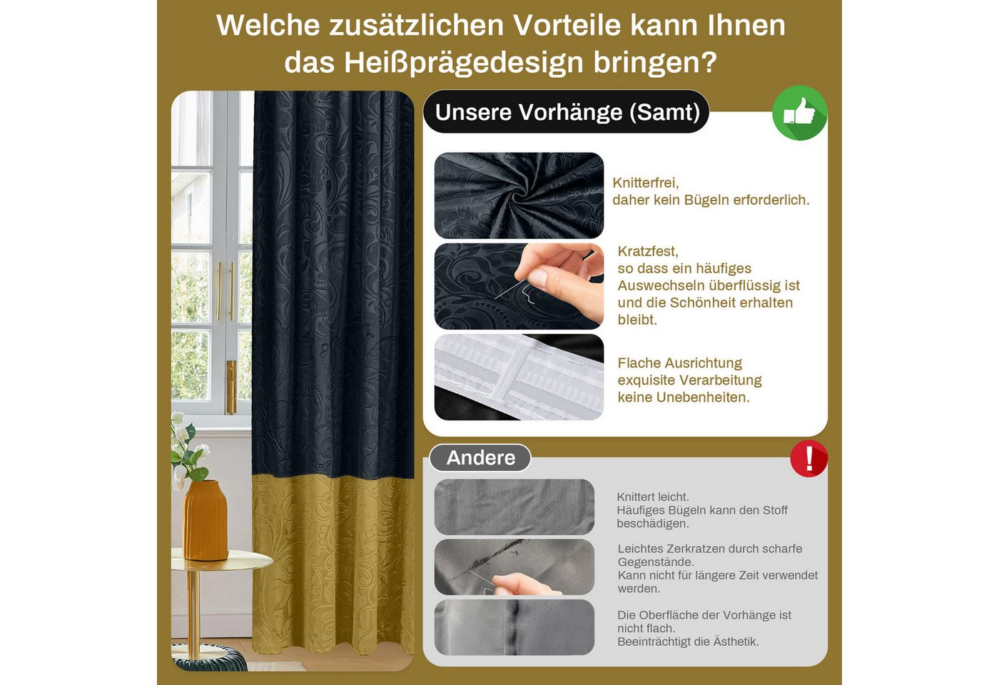 Lapalife Vorhang Vorhänge Samt Verdunkelnd, Gold-Schwarz Blumenmuster Gardinen, 2er Set, Mit Faltenhaken und Stifthaken für Wohnzimmer Schlafzimmer – Bild 5 von 5