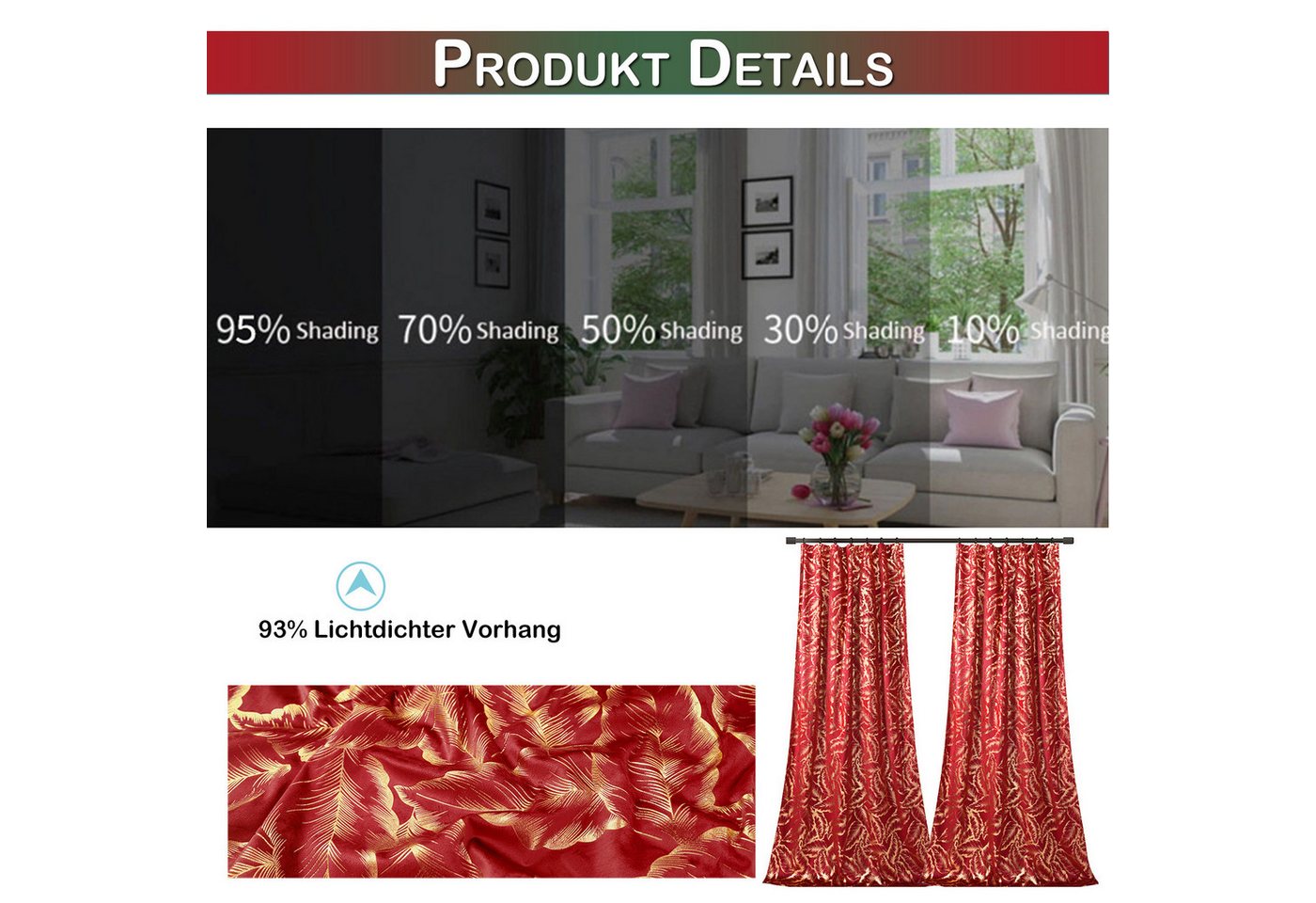 Lapamax Gardine Goldenem Blättermuster Blickdichte Vorhänge, Thermovorhang Hitzeschutz (2 St), Multifunktionsband, Polyester, 2er Set Verdunklungsvorhänge mit B – Bild 4 von 5