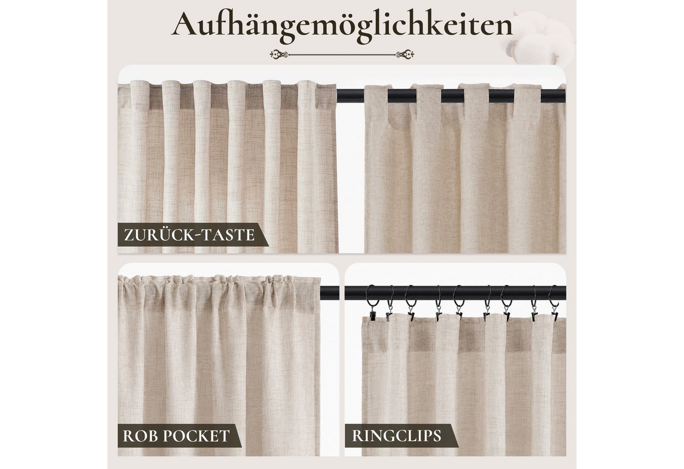 Lapamax Gardine Leinenoptik Gardine, 254cm Breit, Lichtfilterung, Privatsphäre (1 St), verdeckte Schlaufen, halbtransparent, Polyester, Durchsichtige Vorhänge f – Bild 3 von 5