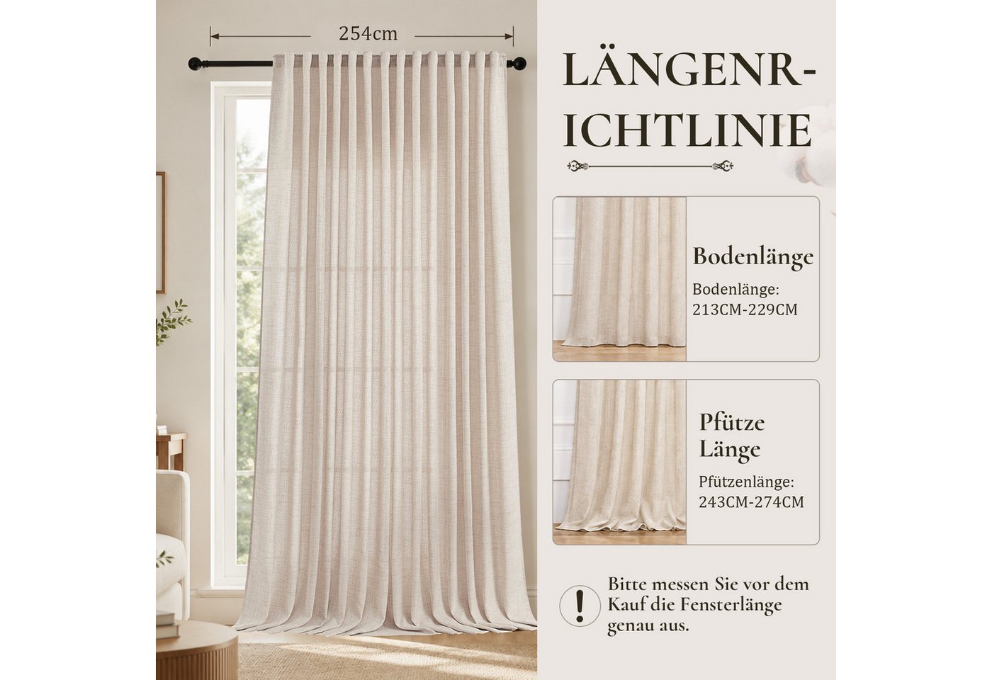 Lapamax Gardine Leinenoptik Gardine, 254cm Breit, Lichtfilterung, Privatsphäre (1 St), verdeckte Schlaufen, halbtransparent, Polyester, Durchsichtige Vorhänge f – Bild 4 von 5