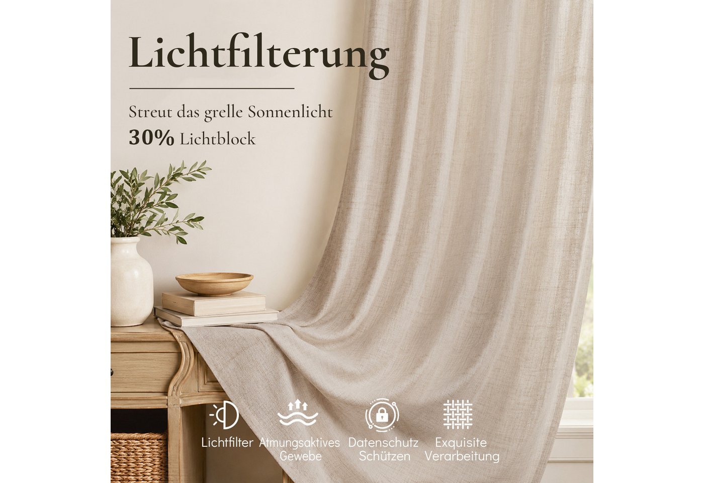 Lapamax Gardine Leinenoptik Gardine, 254cm Breit, Lichtfilterung, Privatsphäre (1 St), verdeckte Schlaufen, halbtransparent, Polyester, Durchsichtige Vorhänge f – Bild 5 von 5