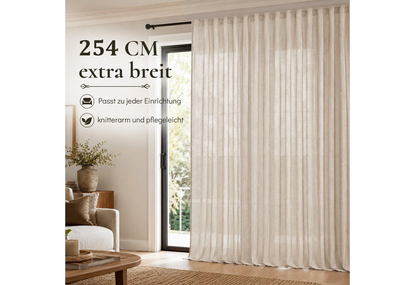 Lapamax Gardine Leinenoptik Gardine, 254cm Breit, Lichtfilterung, Privatsphäre (2 St), verdeckte Schlaufen, halbtransparent, Polyester, Durchsichtige Vorhänge f – Bild 2 von 5
