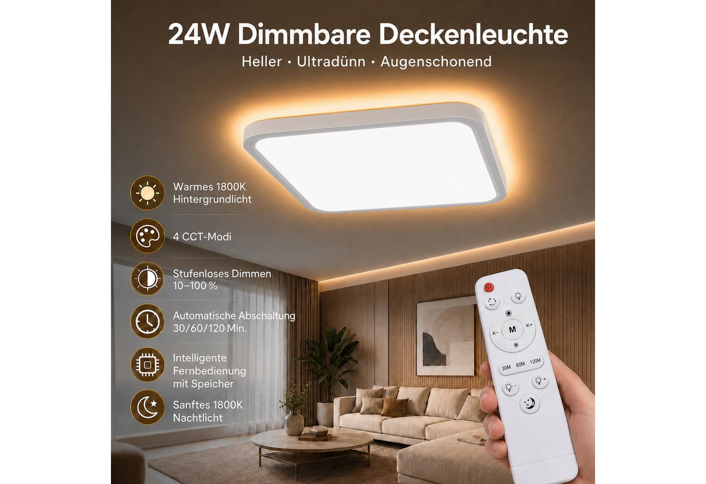 Lapamax LED Deckenleuchte LED Deckenleuchte Flach, Ø30CM, 24W 3200LM Dimmable mit Fernbedienung, dimmbar, Timer, Memory-Funktion, 3 Lichtmodi, LED, fest integri – Bild 4 von 5