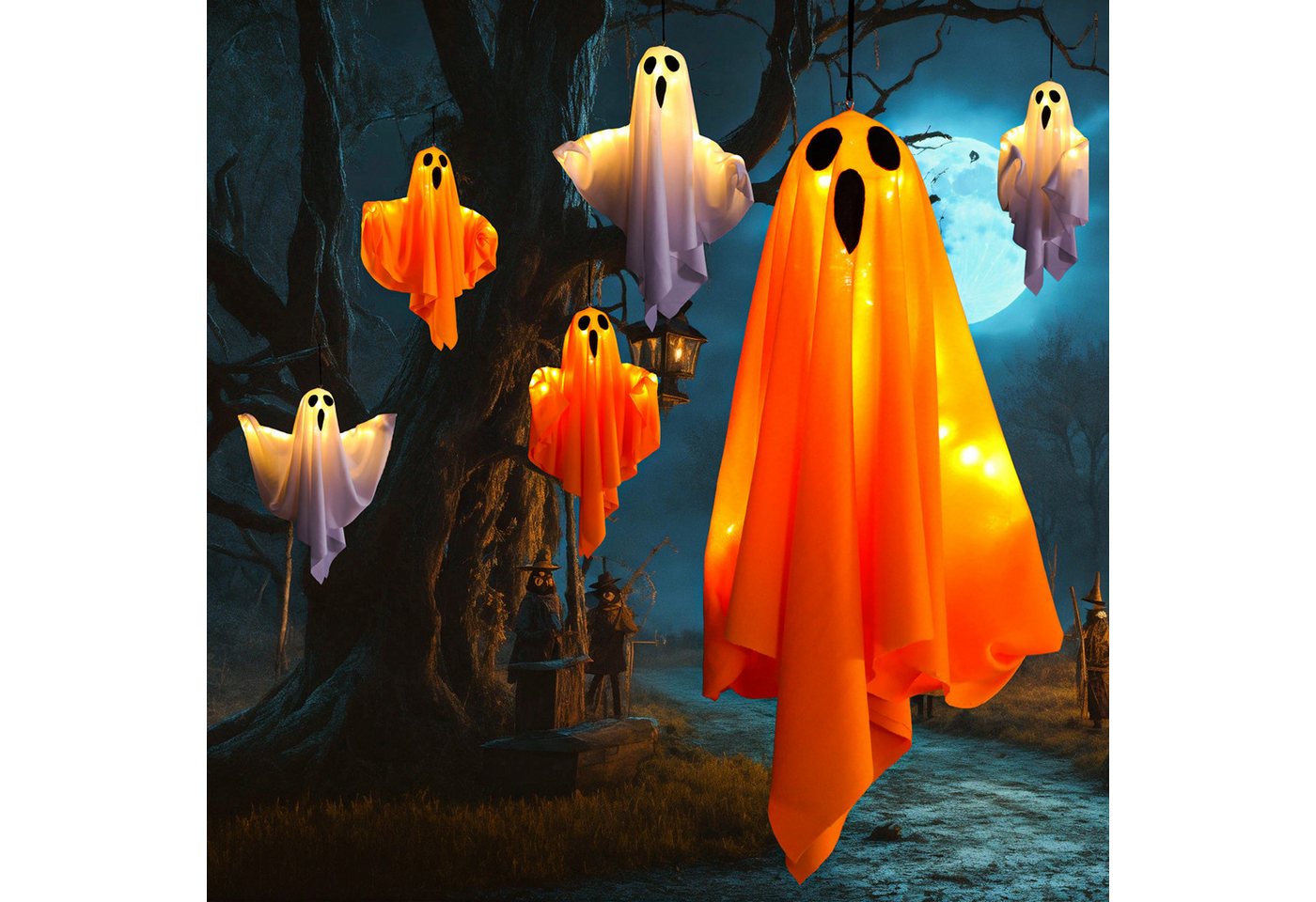 Lapamax LED-Lichterkette Halloween-Gespenst, Hängende Geister, warmweiß, 3 Lichtmodi, Batteriebetrieb, Stofffigur für Garten,Terrasse, Hof,Veranda – Bild 4 von 5