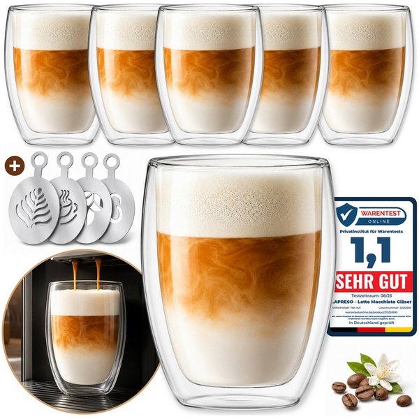 LAPRESO Latte-Macchiato-Glas Doppelwandig, Thermogläser Kaffeegläser Set 350 & 450 ml, 6-tlg., Borosilikatglas, 6er Set, 4x Latte Art Schablonen