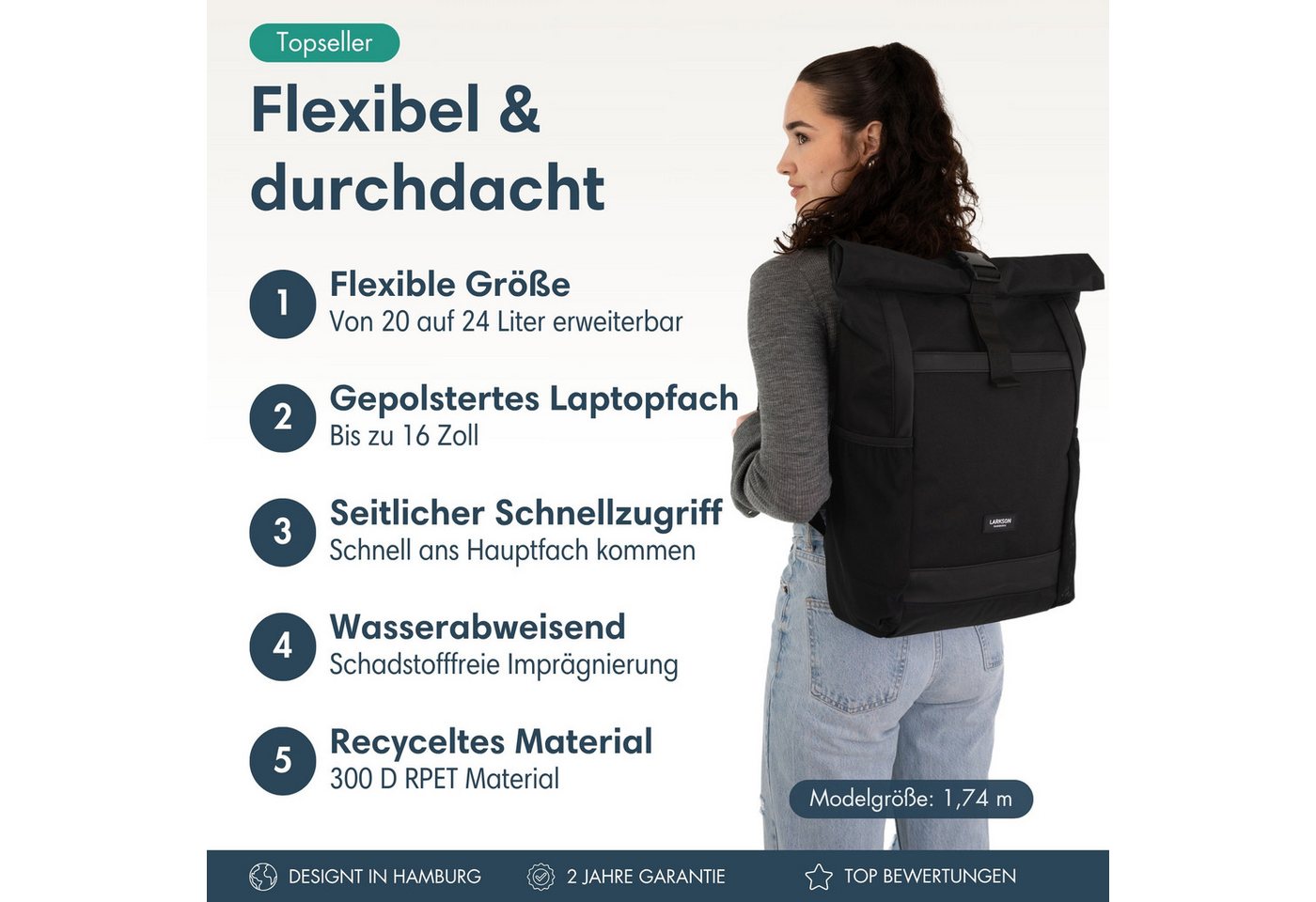 LARKSON Cityrucksack No 2, Rolltop Damen Herren, Laptop Fach (1-tlg), Wasserabweisend – Bild 2 von 5