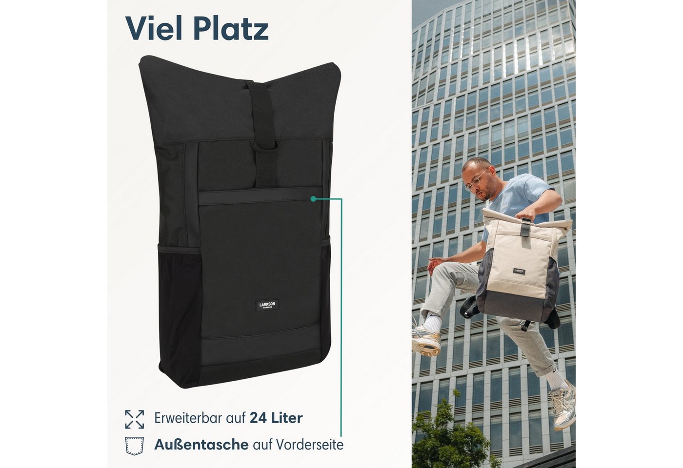 LARKSON Cityrucksack No 2, Rolltop Damen Herren, Laptop Fach (1-tlg), Wasserabweisend – Bild 3 von 5