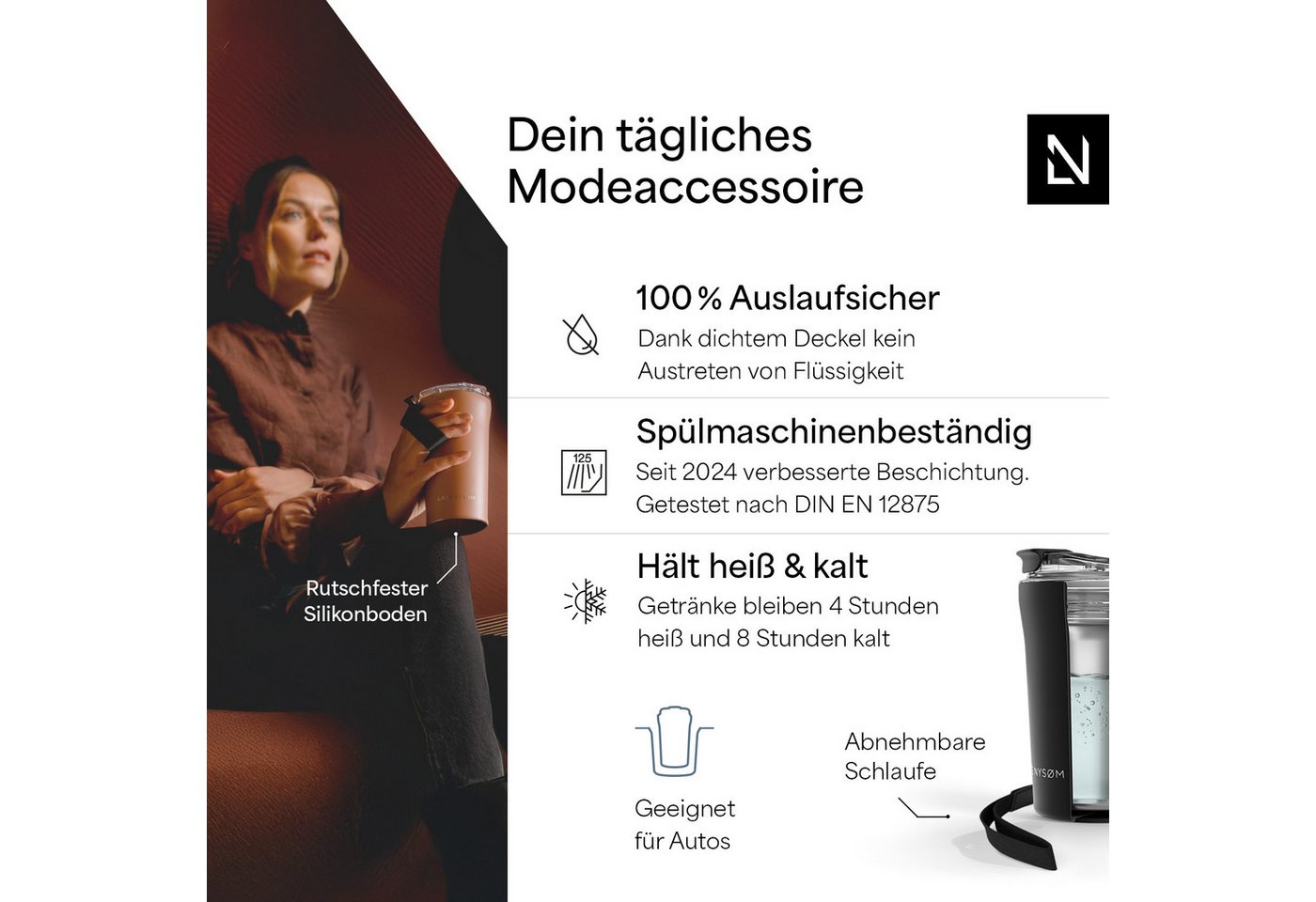 LARS NYSØM Thermobecher Rørelse, 1-tlg., Thermobecher m. Isolierung & Trageschlaufe: 4h heiß/8h kühl – Bild 2 von 5