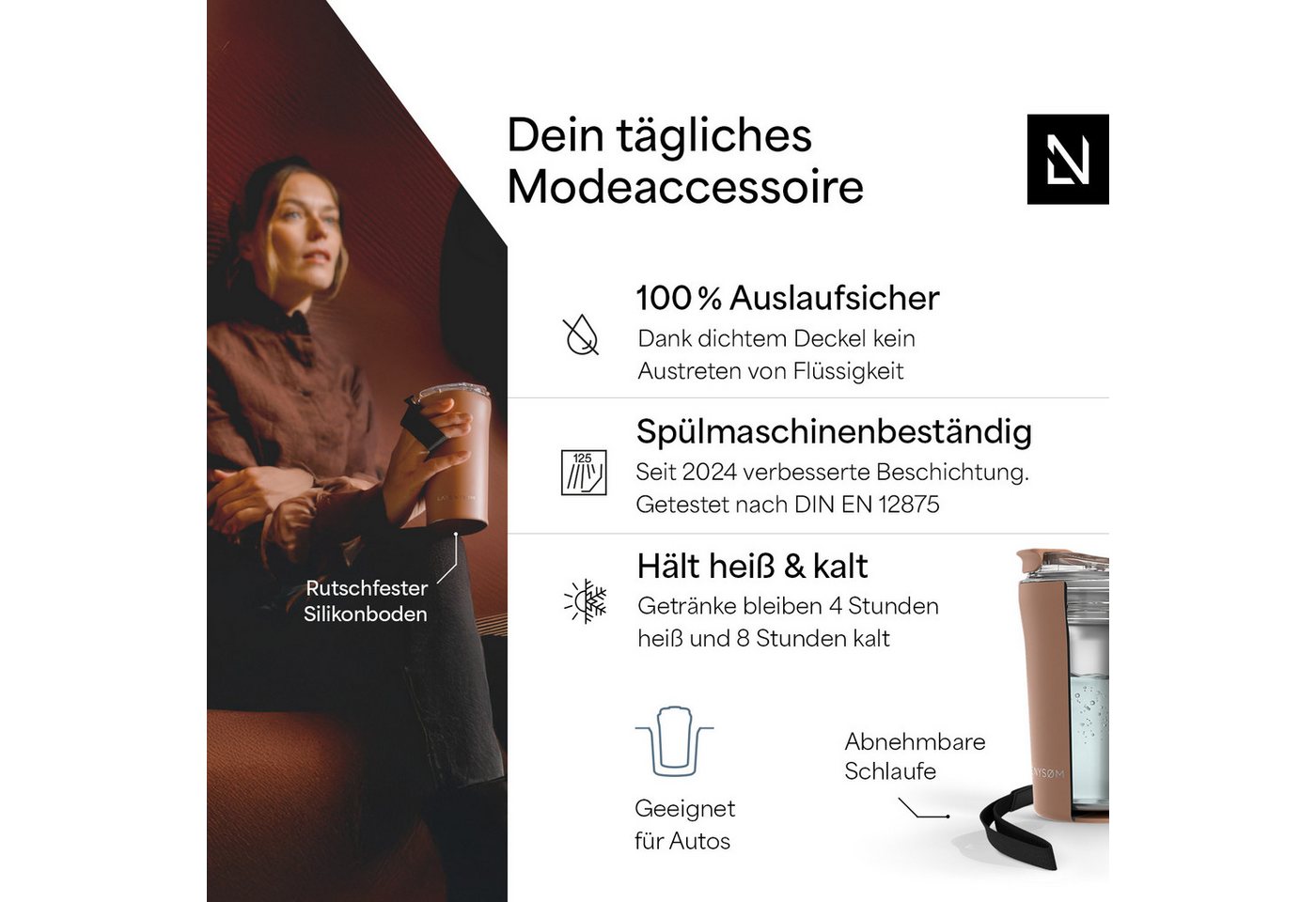 LARS NYSØM Thermobecher Rørelse, 1-tlg., Thermobecher m. Isolierung & Trageschlaufe: 4h heiß/8h kühl – Bild 2 von 5