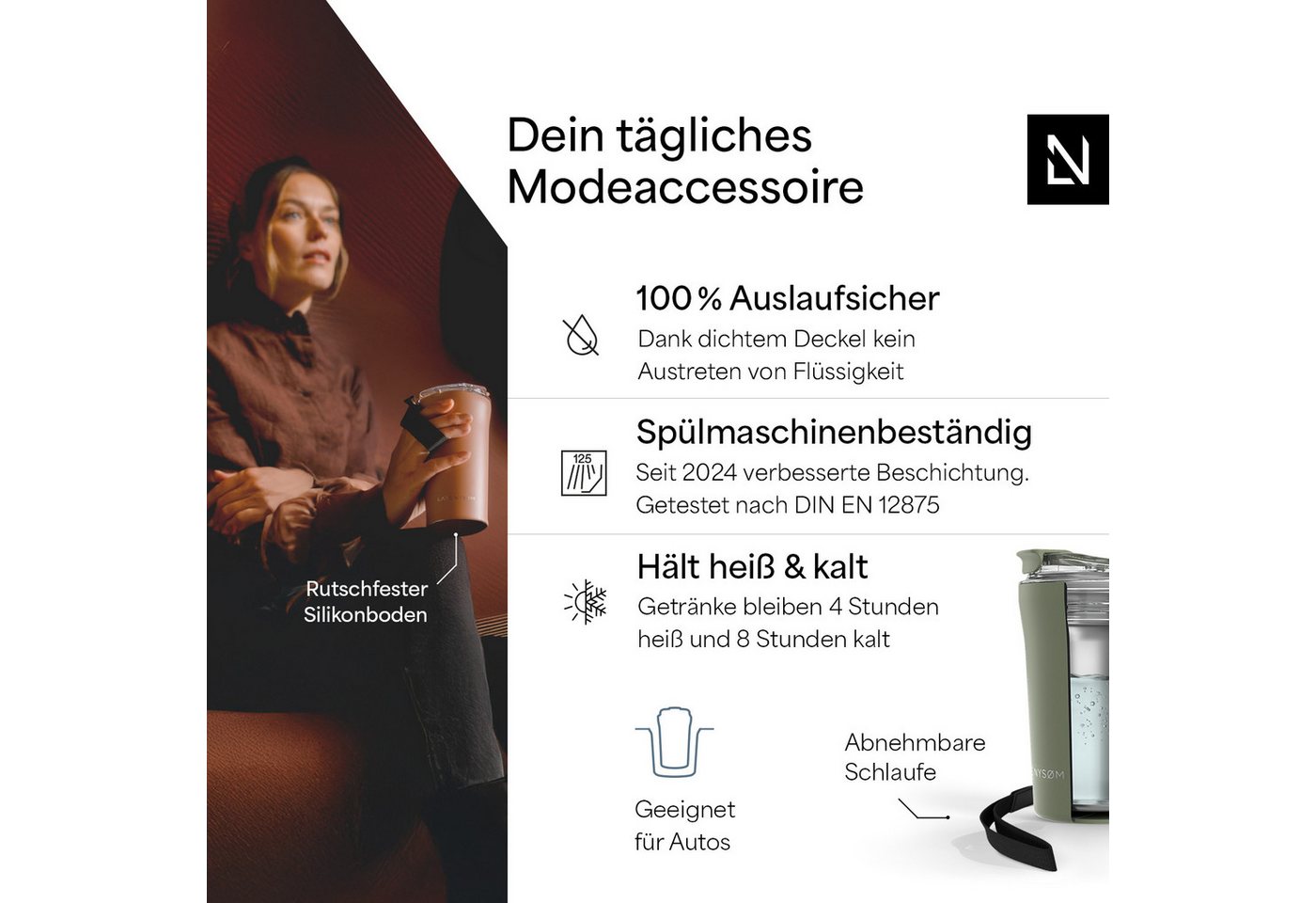 LARS NYSØM Thermobecher Rørelse, 1-tlg., Thermobecher m. Isolierung & Trageschlaufe: 4h heiß/8h kühl – Bild 2 von 5