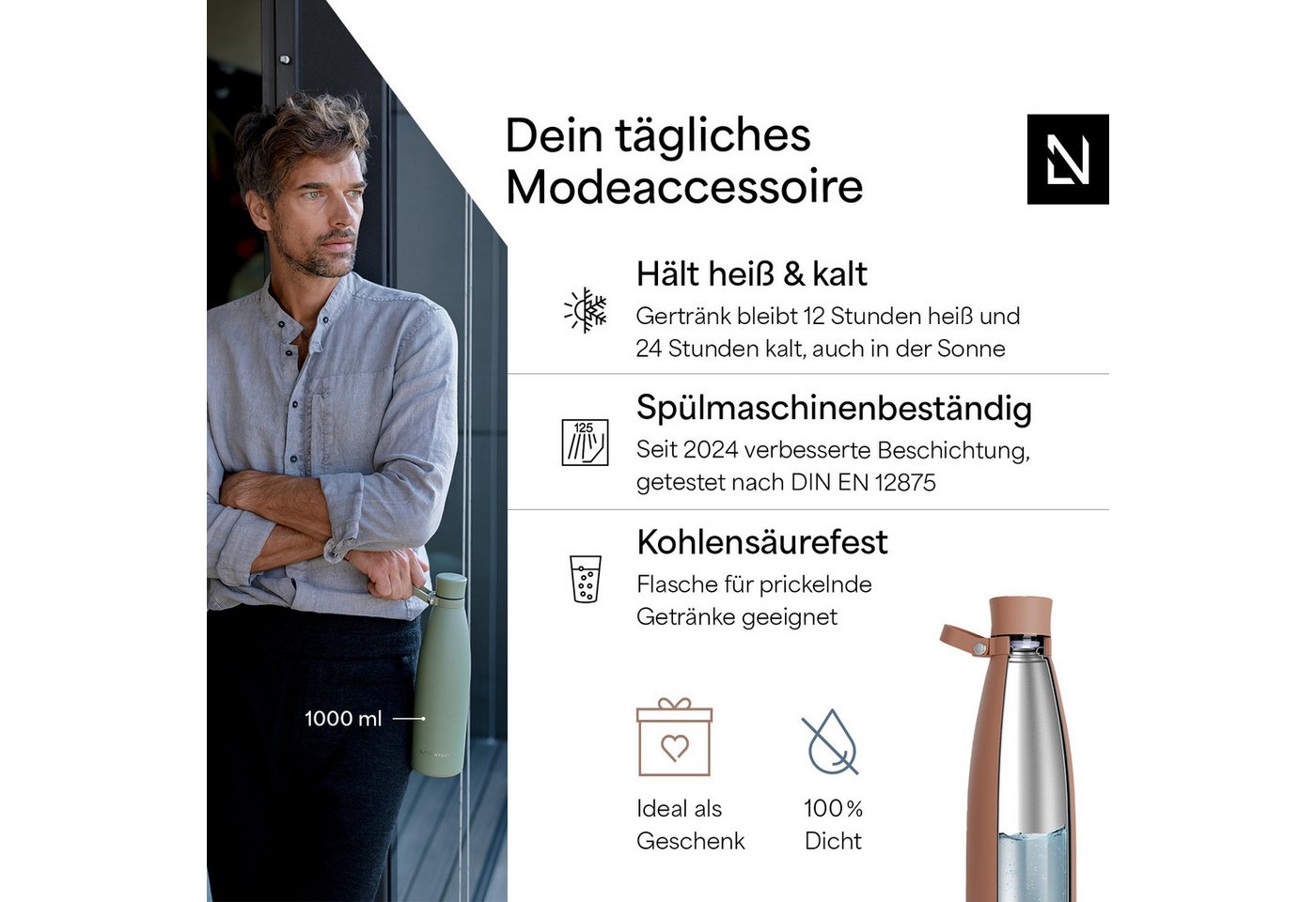 LARS NYSØM Thermoflasche Nåde, Vakuum Isolierung & Trageschlaufe: 12h heiß / 24h kühl – Bild 2 von 5