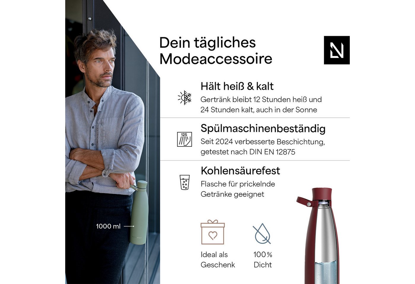 LARS NYSØM Thermoflasche Nåde, Vakuum Isolierung & Trageschlaufe: 12h heiß / 24h kühl – Bild 2 von 5
