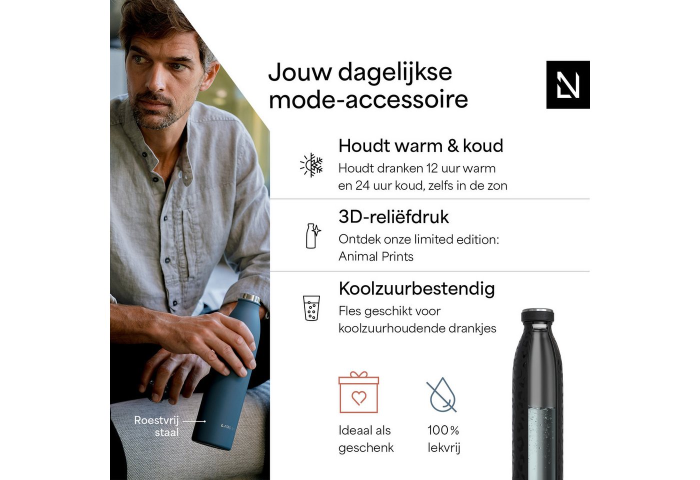 LARS NYSØM Thermoflasche Ren, Isolierflasche mit Vakuum Isolierung: 12h heiß / 24h kühl – Bild 2 von 5