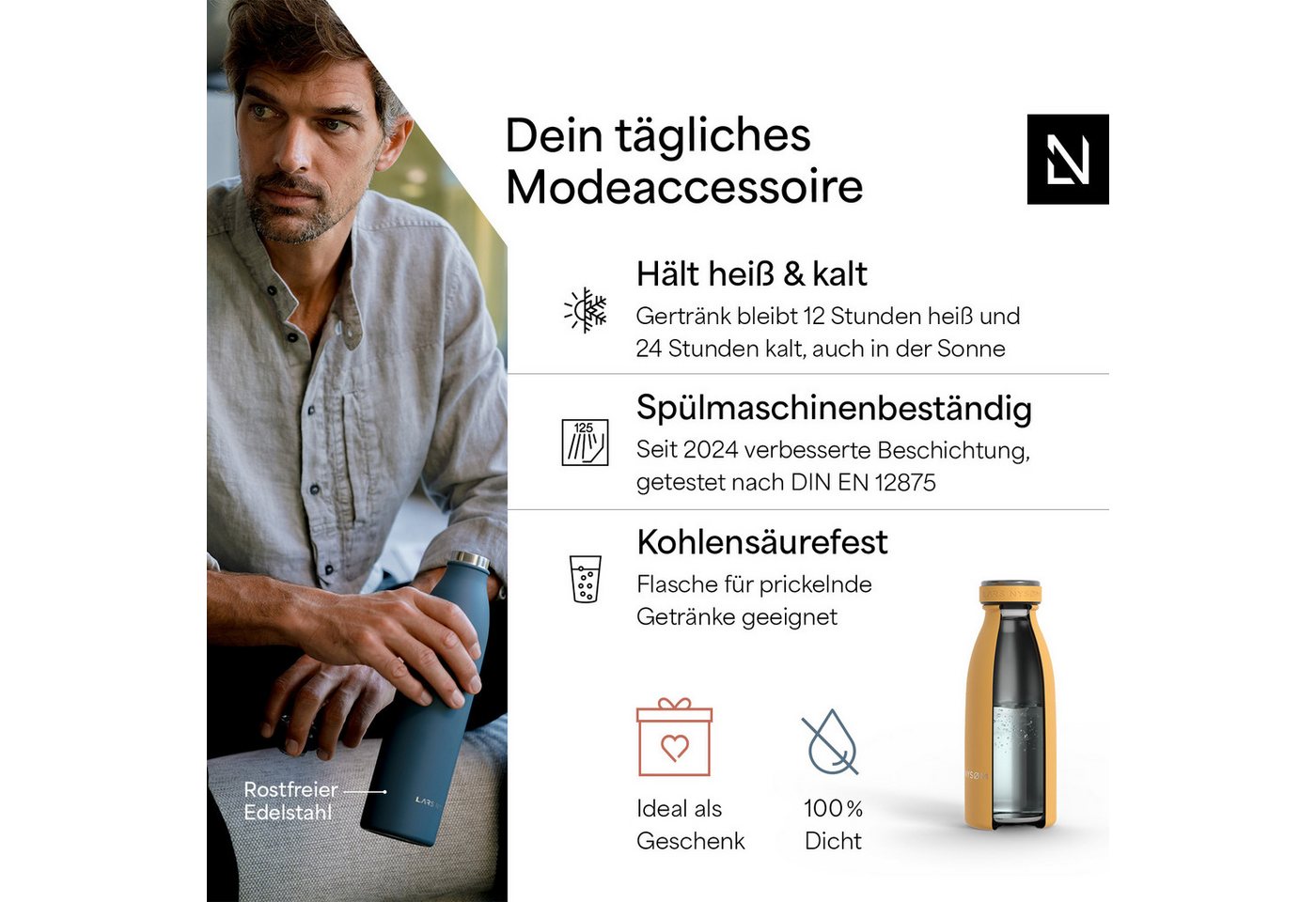 LARS NYSØM Thermoflasche Ren, Isolierflasche mit Vakuum Isolierung: 12h heiß / 24h kühl – Bild 2 von 5
