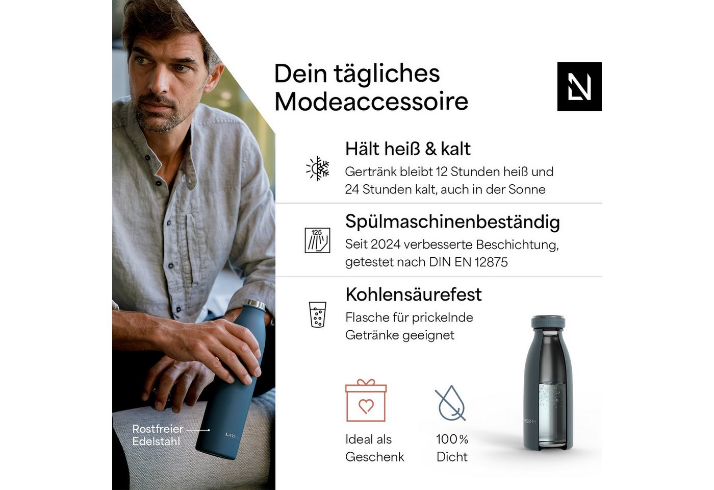 LARS NYSØM Thermoflasche Ren, Isolierflasche mit Vakuum Isolierung: 12h heiß / 24h kühl – Bild 2 von 5