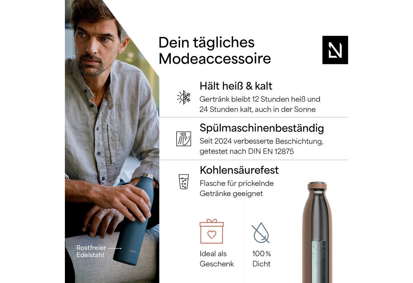 LARS NYSØM Thermoflasche Ren, Isolierflasche mit Vakuum Isolierung: 12h heiß / 24h kühl – Bild 2 von 5