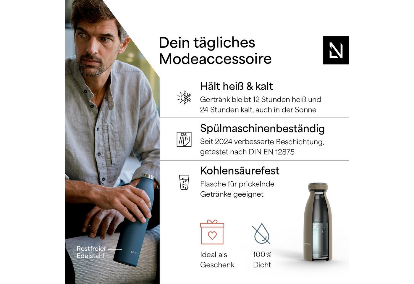 LARS NYSØM Thermoflasche Ren, Isolierflasche mit Vakuum Isolierung: 12h heiß / 24h kühl – Bild 2 von 5