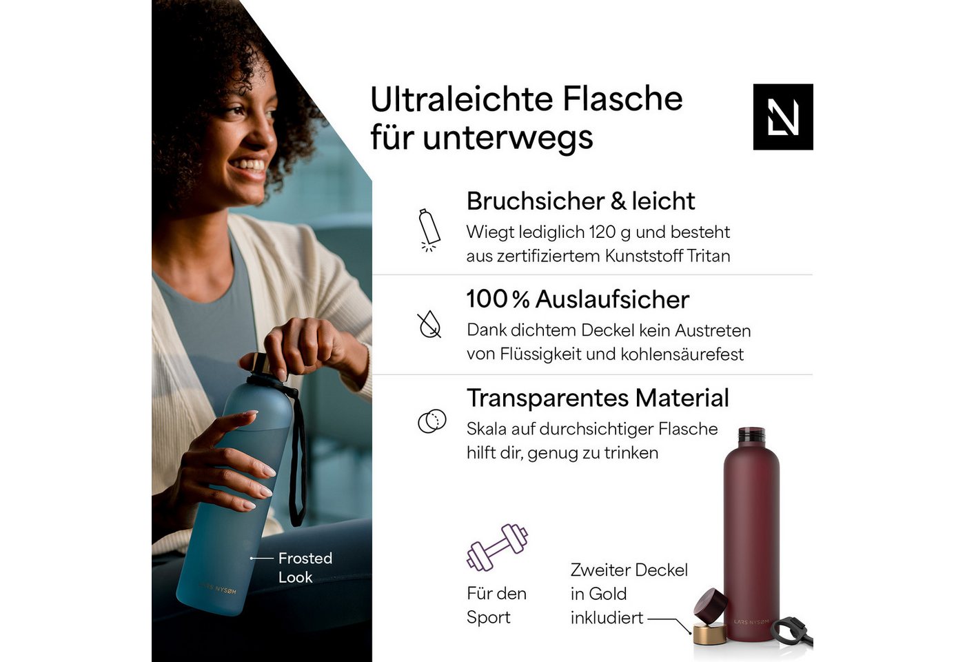 LARS NYSØM Trinkflasche Blæst, Trinkflasche mit Hydrationsskala und Trageschlaufe – Bild 2 von 5