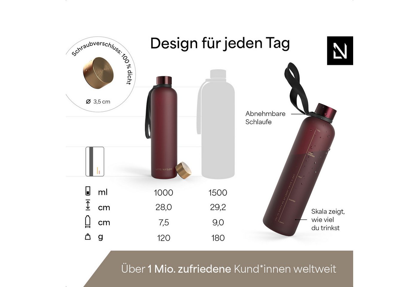 LARS NYSØM Trinkflasche Blæst, Trinkflasche mit Hydrationsskala und Trageschlaufe – Bild 4 von 5