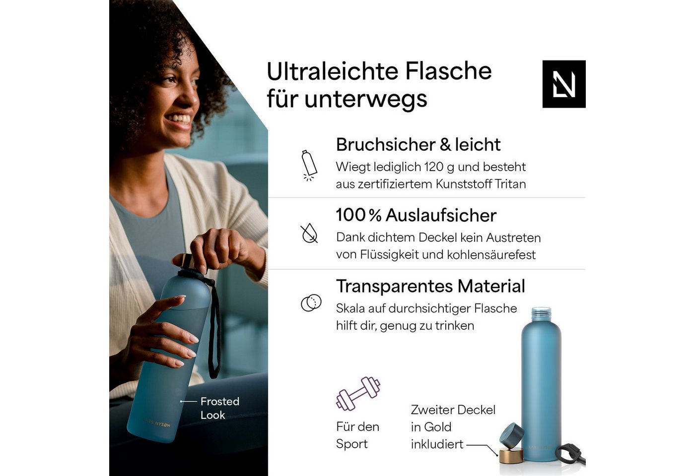 LARS NYSØM Trinkflasche Blæst, Trinkflasche mit Hydrationsskala und Trageschlaufe – Bild 2 von 5