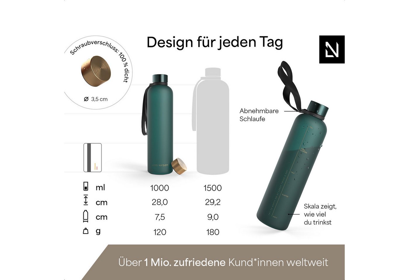 LARS NYSØM Trinkflasche Blæst, Trinkflasche mit Hydrationsskala und Trageschlaufe – Bild 4 von 5