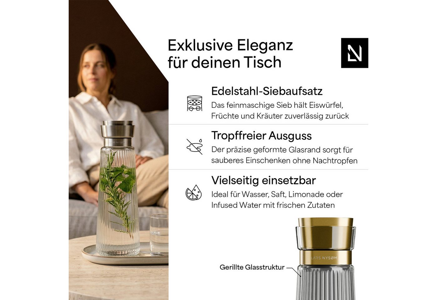 LARS NYSØM Wasserkaraffe Bækvand, (1-tlg), Glaskaraffe 1 l mit Edelstahldeckel und integriertem Sieb – Bild 2 von 5