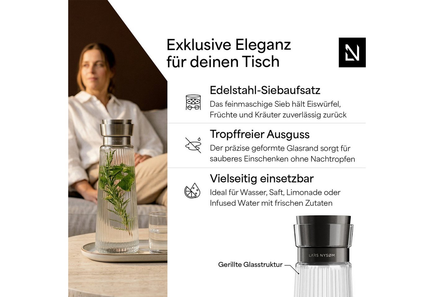 LARS NYSØM Wasserkaraffe Bækvand, (1-tlg), Glaskaraffe 1 l mit Edelstahldeckel und integriertem Sieb – Bild 2 von 5