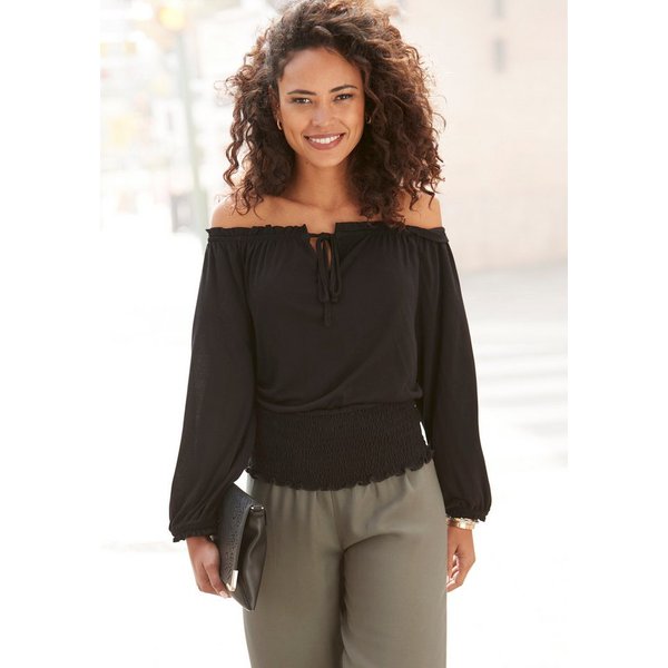 LASCANA Carmenshirt mit 3/4-Ärmeln, Blusenshirt mit Bindeband und Gummizug