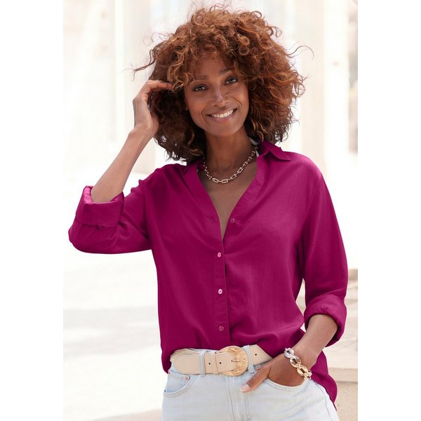 LASCANA Hemdbluse mit V-Ausschnitt aus weicher Webware mit Leinenanteil Damenbluse mit langen Ärmeln, lockere Leinenbluse, Sommerbluse