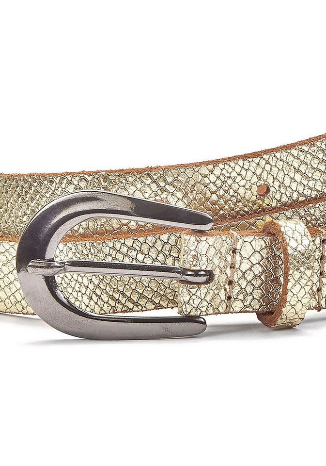 LASCANA Hüftgürtel Ledergürtel, schmaler Gürtel, Anzuggürtel aus Leder in Metallic-Snake-Optik für Hosen, Jeans & Kleider – Bild 3 von 5