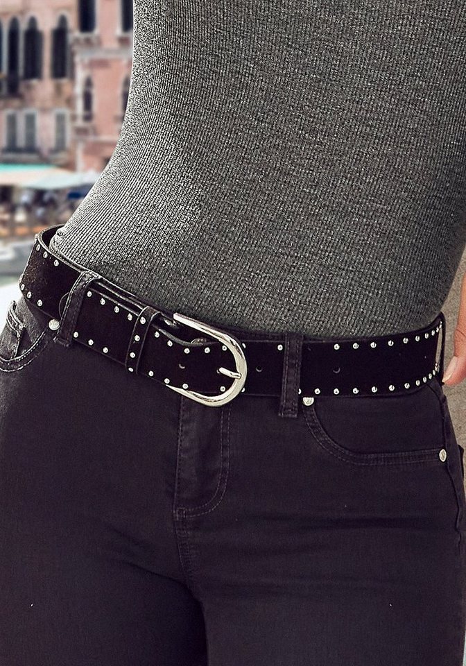 LASCANA Hüftgürtel Nietengürtel, Anzuggürtel, Gürtel, Jeansgürtel, Hosengürtel in Veloursleder-Optik mit kleinen Nieten für Jeans & Hosen – Bild 2 von 4