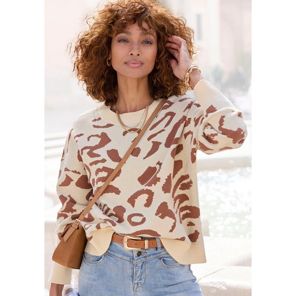LASCANA Jacquardpullover mit eingestricktem Leomuster dicker Strickpullover, Animalprint, warmer Rundhalspullover, modisch