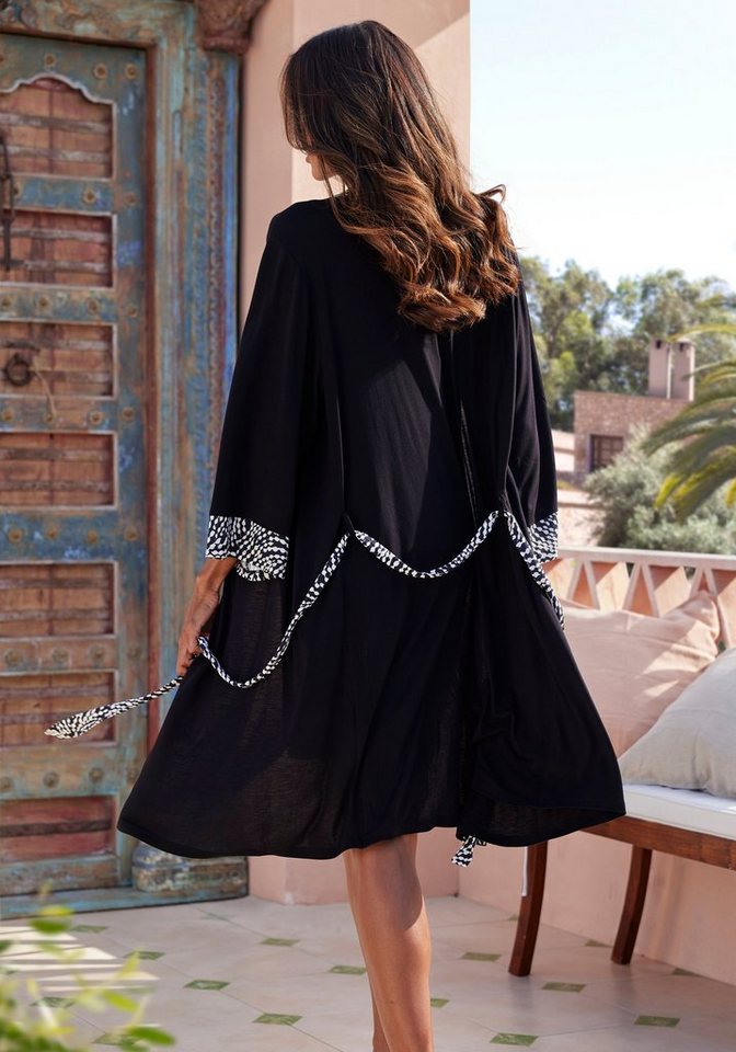 LASCANA Kimono, Kurzform, Viskose, Kimono-Kragen, Gürtel, mit gemusterter Kontrastblende – Bild 3 von 5