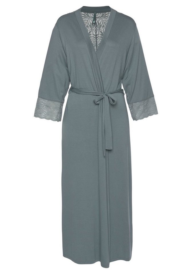 LASCANA Kimono, Langform, Single-Jersey, Gürtel, mit edlen Spitzendetails – Bild 2 von 5