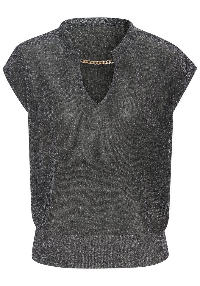 LASCANA Kurzarmpullover aus Glitzergarn mit Gliederketten-Detail Elegantes Strickshirt, leicht transparentes Partyshirt, festlich – Bild 2 von 5